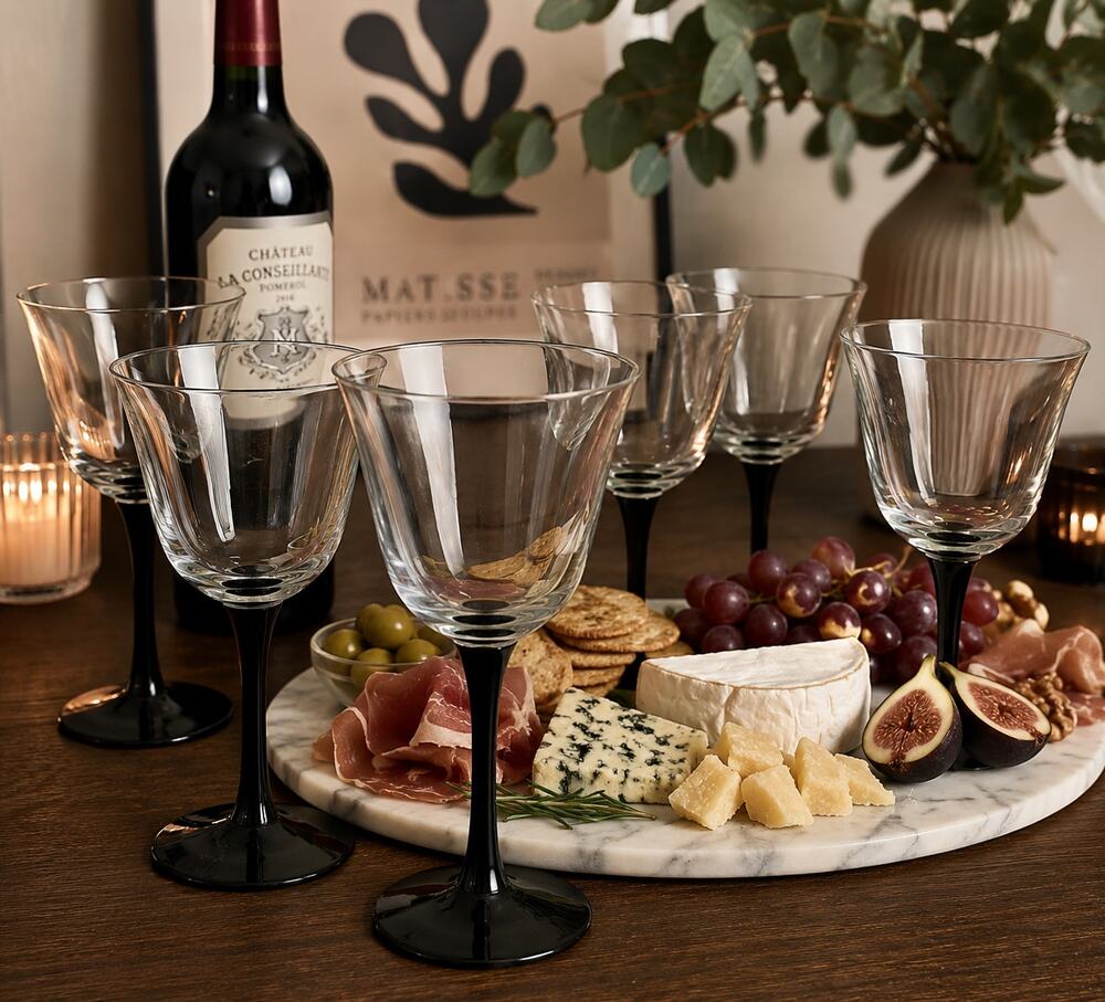 Set of 6 Black Stem Wine Glasses Modern Elegant Cocktail Goblets